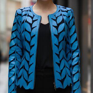 Leather Jacket Women's Outfit Tops Blouses Shirt Sheer Handmade Leaf